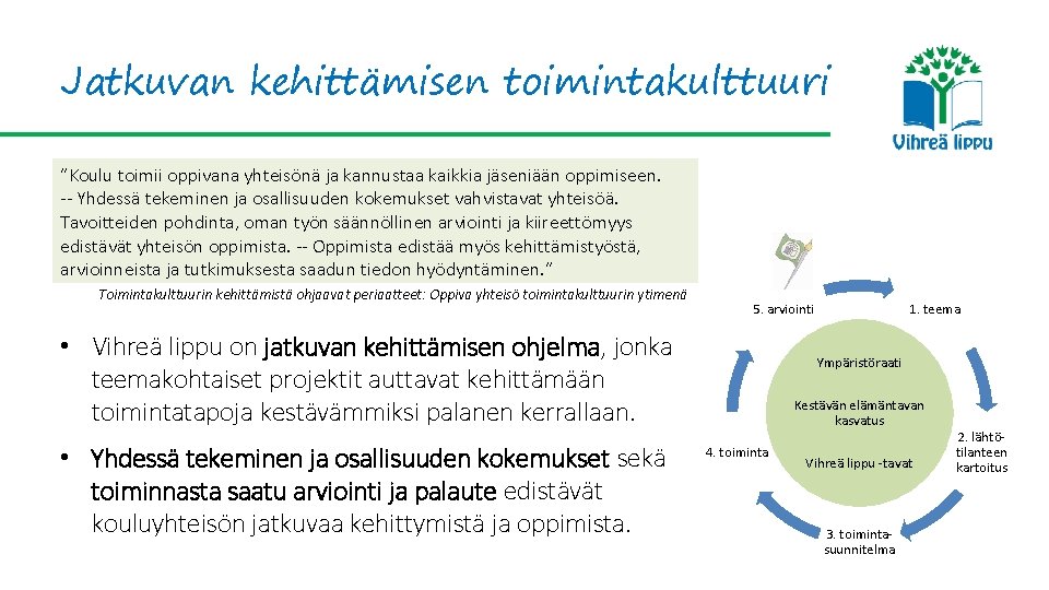 Jatkuvan kehittämisen toimintakulttuuri ”Koulu toimii oppivana yhteisönä ja kannustaa kaikkia jäseniään oppimiseen. -- Yhdessä