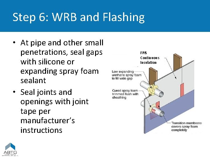 Step 6: WRB and Flashing • At pipe and other small penetrations, seal gaps