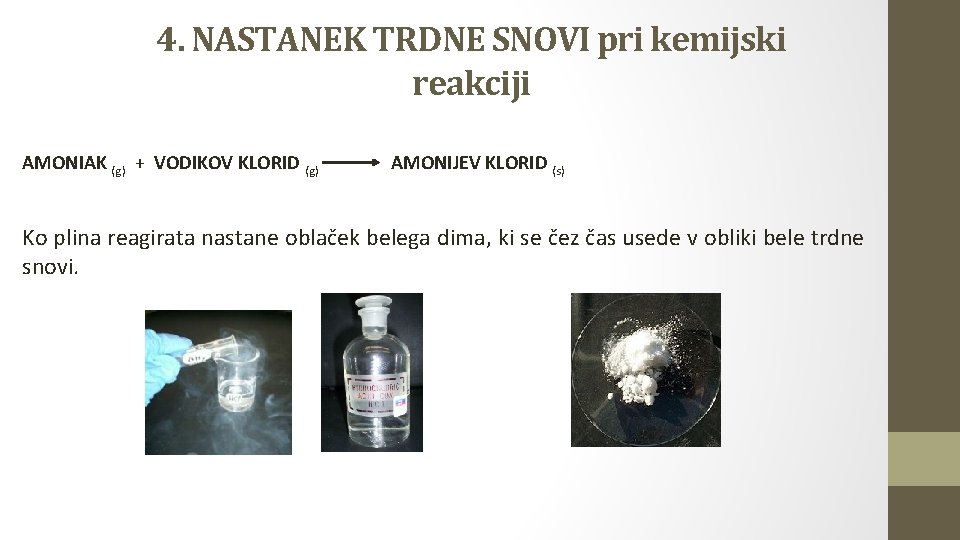 4. NASTANEK TRDNE SNOVI pri kemijski reakciji AMONIAK (g) + VODIKOV KLORID (g) AMONIJEV