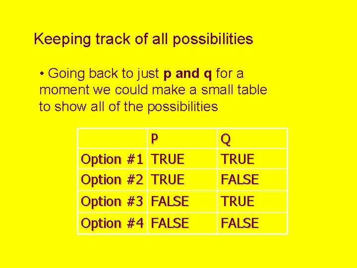 Keeping track of all possibilities • Going back to just p and q for