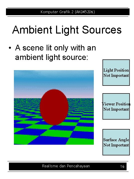 Komputer Grafik 2 (AK 045206) Ambient Light Sources • A scene lit only with