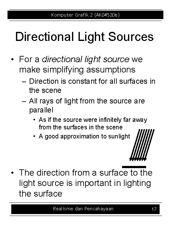 Komputer Grafik 2 (AK 045206) Directional Light Sources • For a directional light source