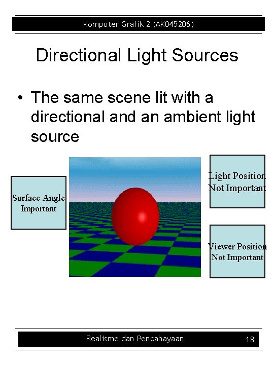 Komputer Grafik 2 (AK 045206) Directional Light Sources • The same scene lit with