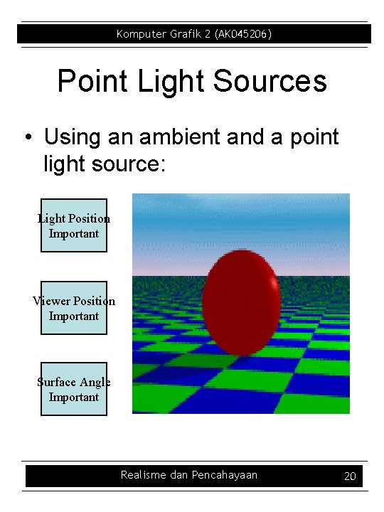 Komputer Grafik 2 (AK 045206) Point Light Sources • Using an ambient and a