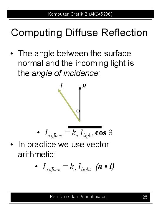 Komputer Grafik 2 (AK 045206) Computing Diffuse Reflection • The angle between the surface