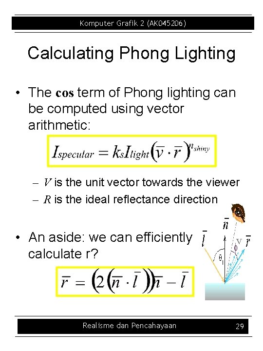 Komputer Grafik 2 (AK 045206) Calculating Phong Lighting • The cos term of Phong
