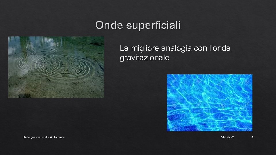 Onde superficiali La migliore analogia con l’onda gravitazionale Onde gravitazionali - A. Tartaglia 14