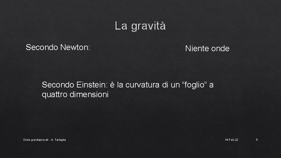 La gravità Secondo Newton: Niente onde Secondo Einstein: è la curvatura di un “foglio”