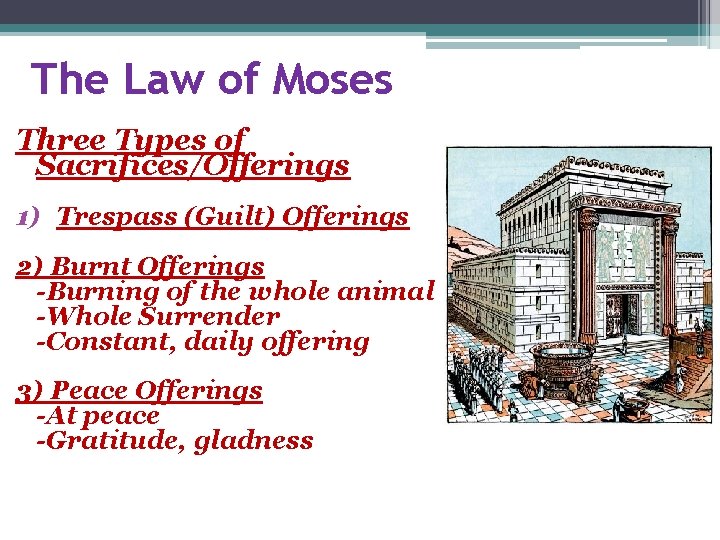 The Law of Moses Three Types of Sacrifices/Offerings 1) Trespass (Guilt) Offerings 2) Burnt