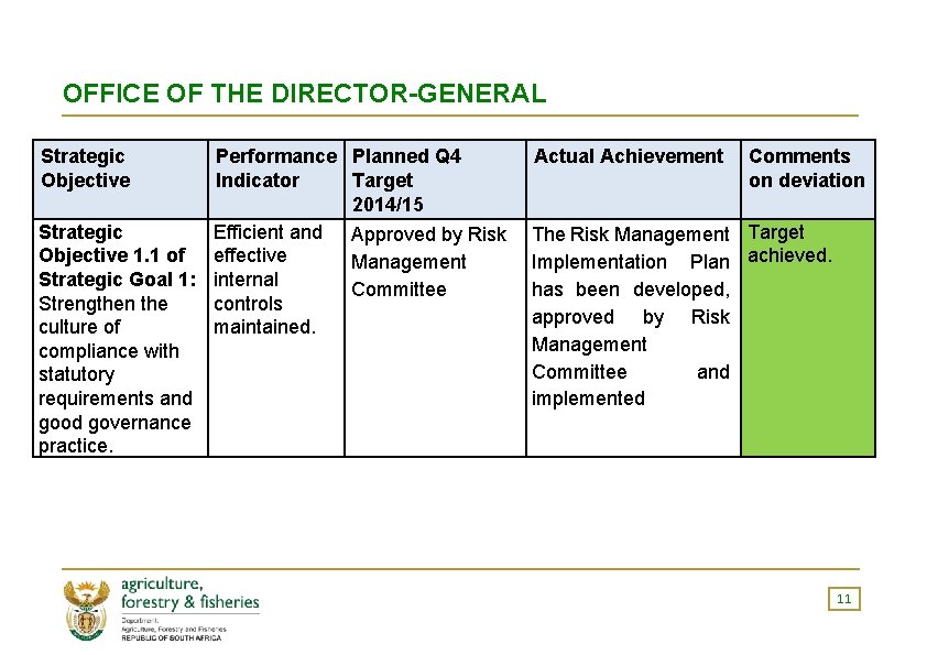 OFFICE OF THE DIRECTOR-GENERAL Strategic Objective Performance Planned Q 4 Indicator Target 2014/15 Strategic