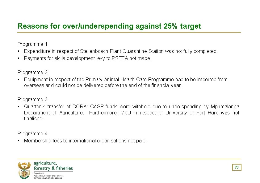 Reasons for over/underspending against 25% target Programme 1 • Expenditure in respect of Stellenbosch-Plant