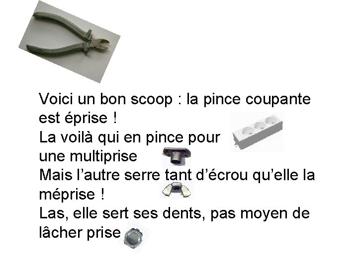 Voici un bon scoop : la pince coupante est éprise ! La voilà qui