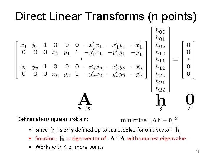 Direct Linear Transforms (n points) 2 n × 9 9 2 n Defines a