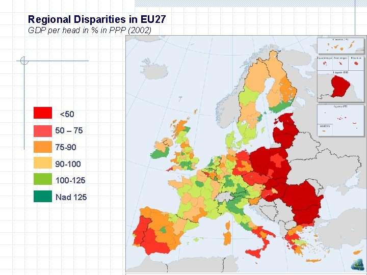 Regional Disparities in EU 27 GDP per head in % in PPP (2002) <50