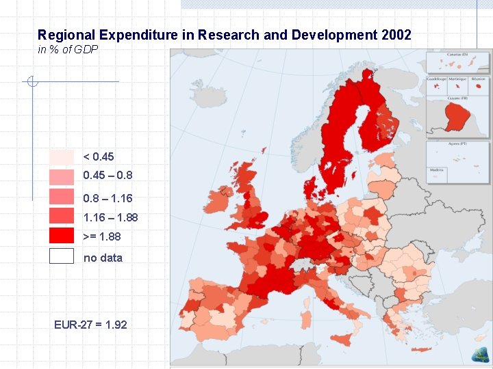 Regional Expenditure in Research and Development 2002 in % of GDP < 0. 45