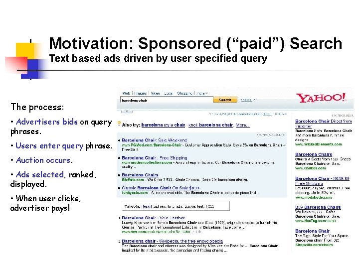 Motivation: Sponsored (“paid”) Search Text based ads driven by user specified query The process:
