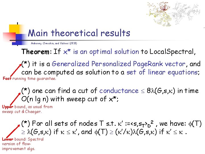 Main theoretical results Mahoney, Orecchia, and Vishnoi (2010) Theorem: If x* is an optimal