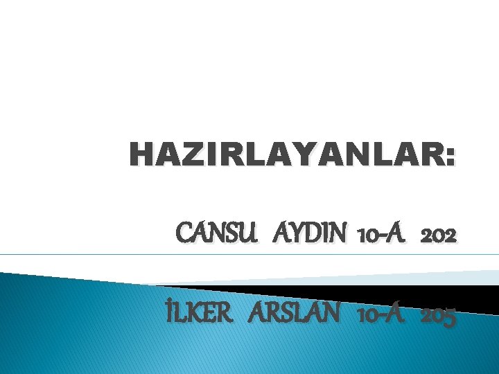 HAZIRLAYANLAR: CANSU AYDIN 10 -A 202 İLKER ARSLAN 10 -A 205 