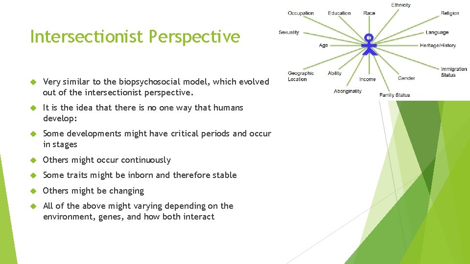 Intersectionist Perspective Very similar to the biopsychosocial model, which evolved out of the intersectionist