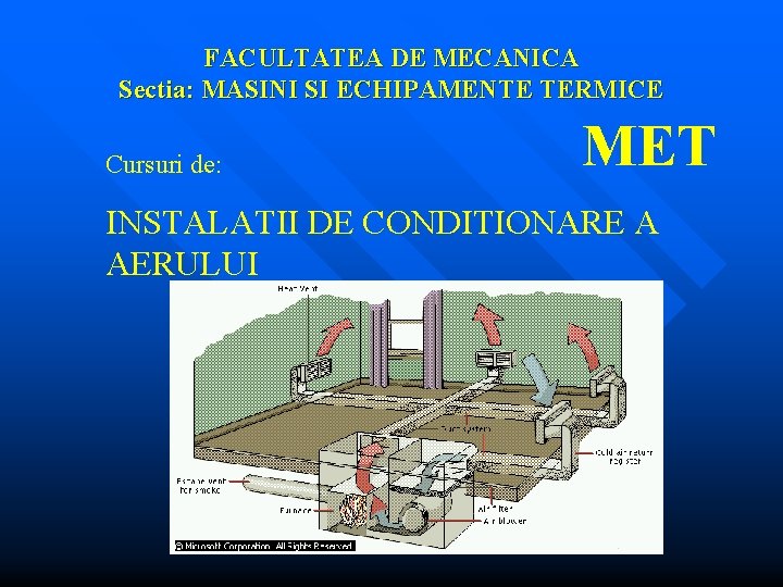 FACULTATEA DE MECANICA Sectia: MASINI SI ECHIPAMENTE TERMICE Cursuri de: MET INSTALATII DE CONDITIONARE