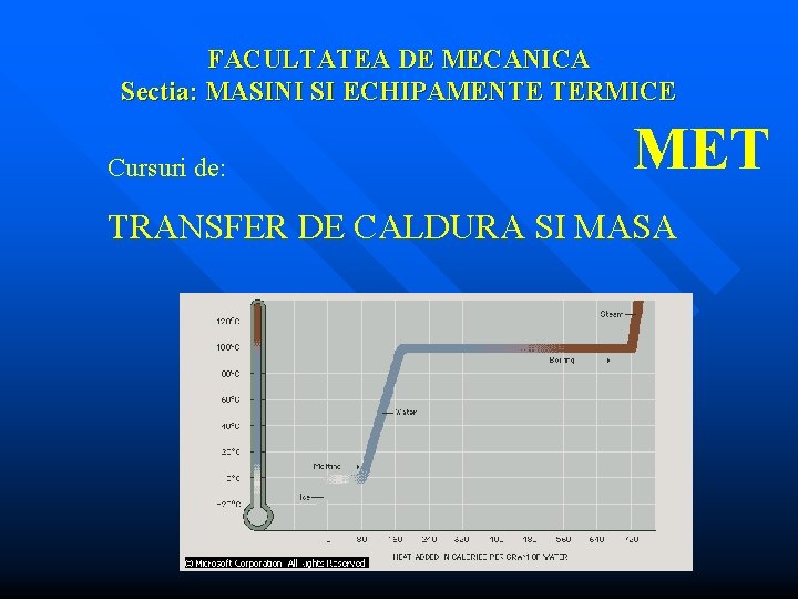 FACULTATEA DE MECANICA Sectia: MASINI SI ECHIPAMENTE TERMICE Cursuri de: MET TRANSFER DE CALDURA