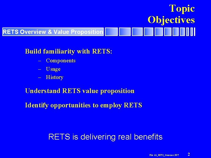 Topic Objectives RETS Overview & Value Proposition Build familiarity with RETS: – Components –