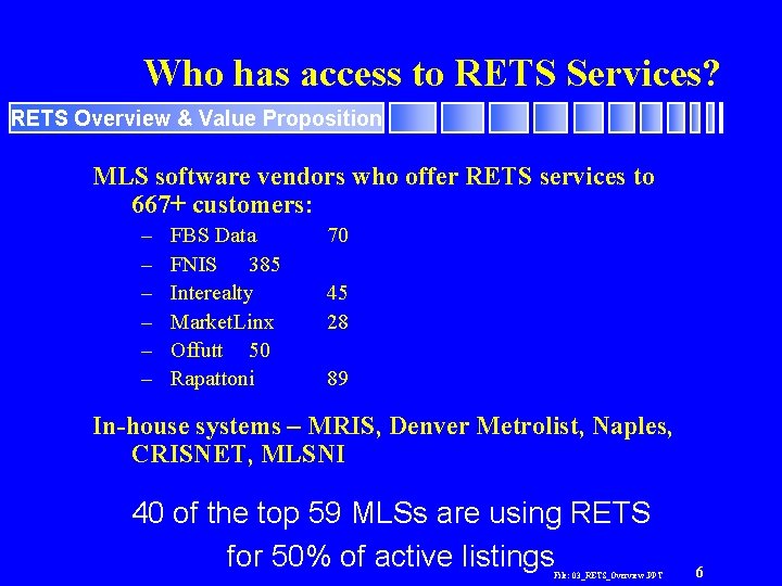 Who has access to RETS Services? RETS Overview & Value Proposition MLS software vendors Who has access to RETS Services? RETS Overview & Value Proposition MLS software vendors