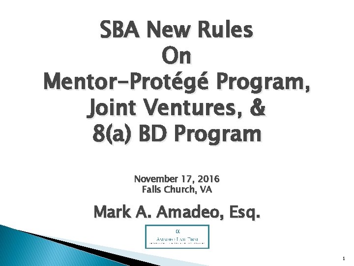SBA New Rules On Mentor-Protégé Program, Joint Ventures, & 8(a) BD Program November 17,