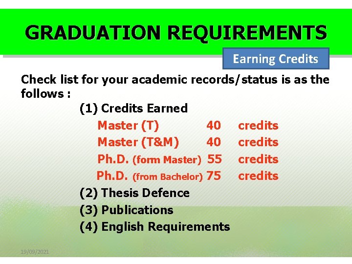 GRADUATION REQUIREMENTS Earning Credits Check list for your academic records/status is as the follows