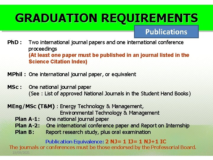 GRADUATION REQUIREMENTS Publications Ph. D : Two international journal papers and one international conference