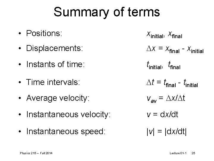 Summary of terms • Positions: xinitial, xfinal • Displacements: Dx = xfinal - xinitial