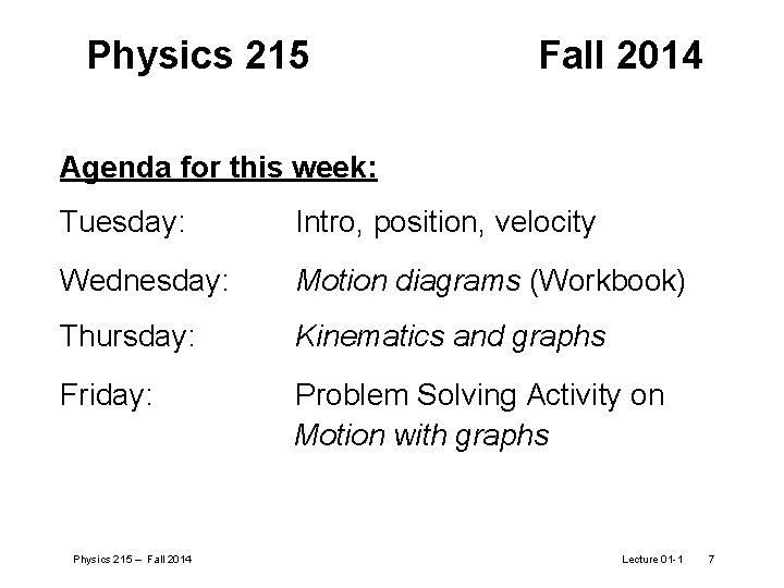 Physics 215 Fall 2014 Agenda for this week: Tuesday: Intro, position, velocity Wednesday: Motion