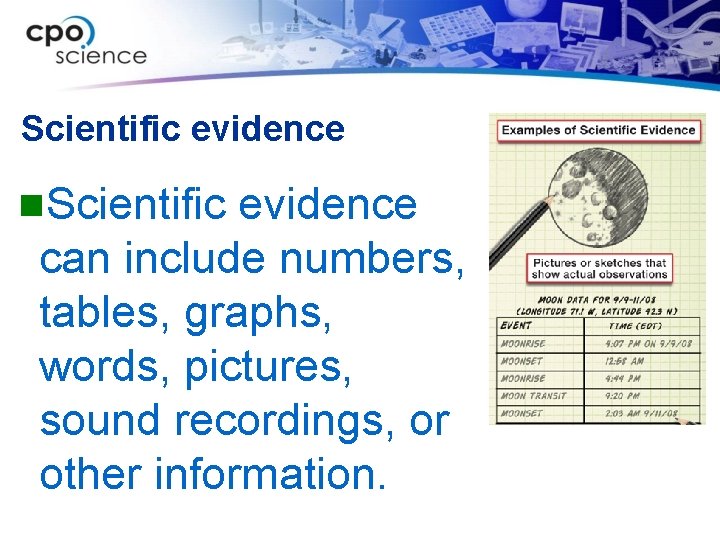 Scientific evidence n. Scientific evidence can include numbers, tables, graphs, words, pictures, sound recordings,