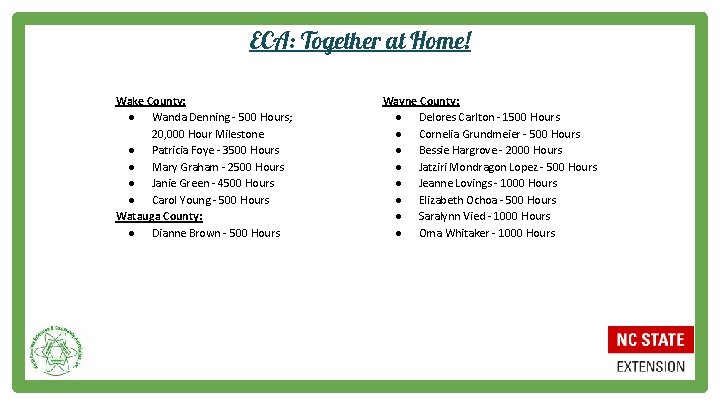 ECA: Together at Home! Wake County: ● Wanda Denning - 500 Hours; 20, 000