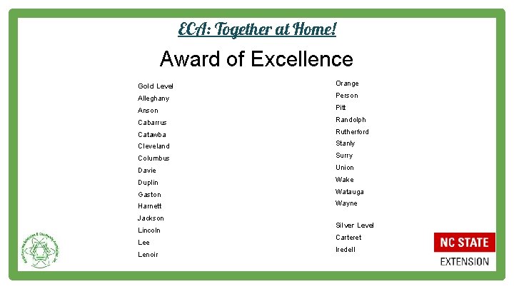 ECA: Together at Home! Award of Excellence Gold Level Orange Alleghany Person Anson Pitt