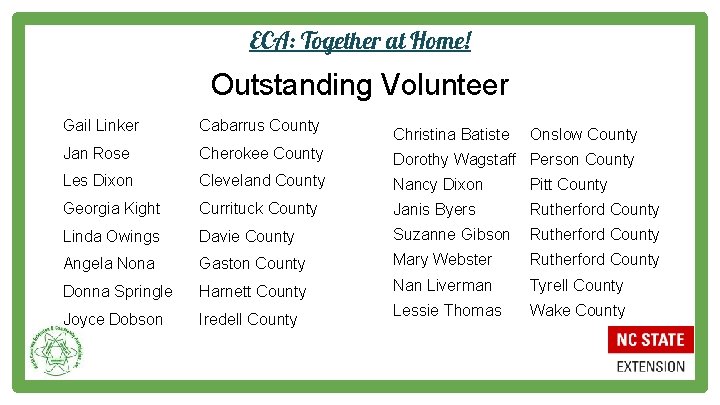 ECA: Together at Home! Outstanding Volunteer Gail Linker Cabarrus County Jan Rose Cherokee County