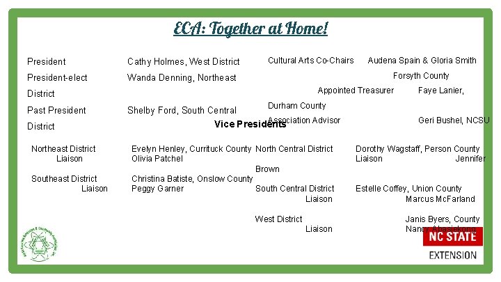 ECA: Together at Home! President Cathy Holmes, West District President-elect Wanda Denning, Northeast Cultural