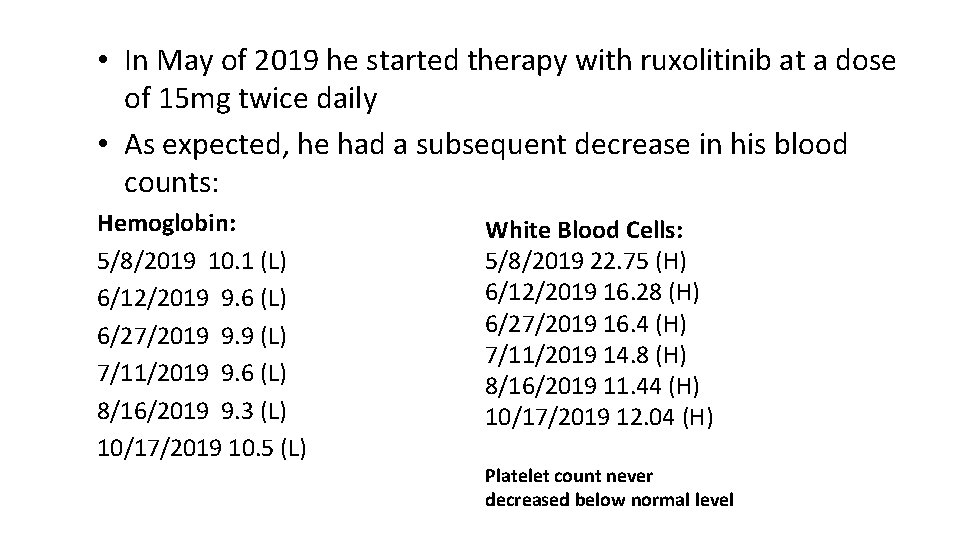  • In May of 2019 he started therapy with ruxolitinib at a dose