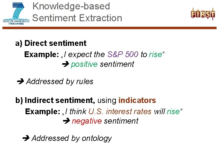 Knowledge-based Sentiment Extraction a) Direct sentiment Example: „I expect the S&P 500 to rise“
