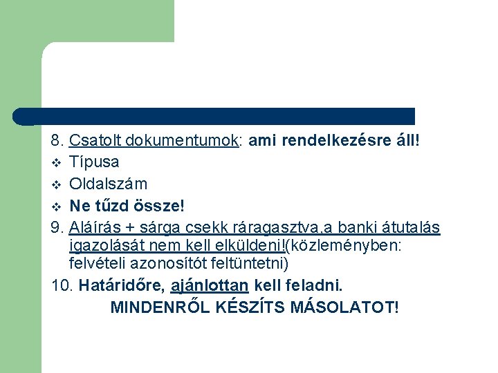 8. Csatolt dokumentumok: ami rendelkezésre áll! v Típusa v Oldalszám v Ne tűzd össze!