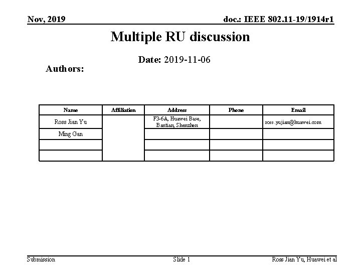 Nov, 2019 doc. : IEEE 802. 11 -19/1914 r 1 Multiple RU discussion Date: