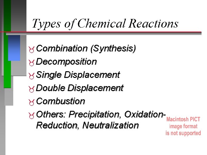 Types of Chemical Reactions Combination (Synthesis) Decomposition Single Displacement Double Displacement Combustion Others: Precipitation,