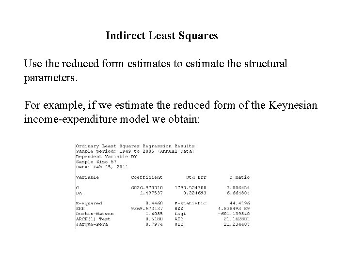 Indirect Least Squares Use the reduced form estimates to estimate the structural parameters. For