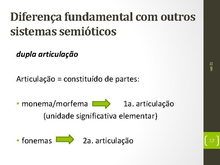 Diferença fundamental com outros sistemas semióticos set-21 dupla articulação Articulação = constituído de partes: