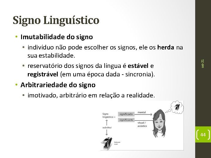 Signo Linguístico • indivíduo não pode escolher os signos, ele os herda na sua