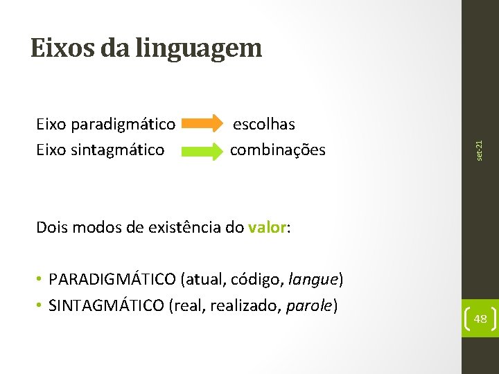 Eixo paradigmático Eixo sintagmático escolhas combinações set-21 Eixos da linguagem Dois modos de existência