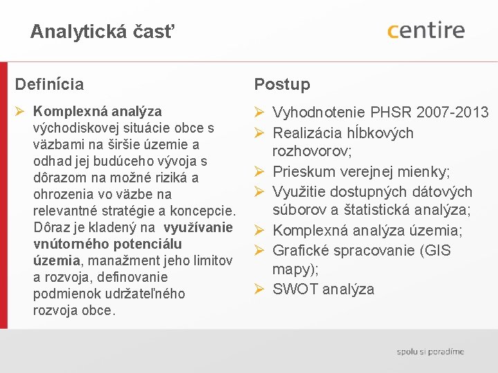 Analytická časť Definícia Postup Ø Komplexná analýza východiskovej situácie obce s väzbami na širšie