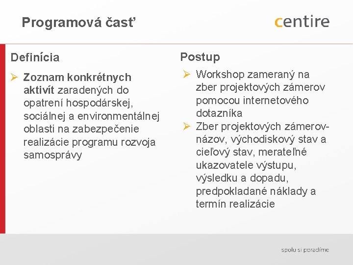 Programová časť Definícia Postup Ø Zoznam konkrétnych aktivít zaradených do opatrení hospodárskej, sociálnej a