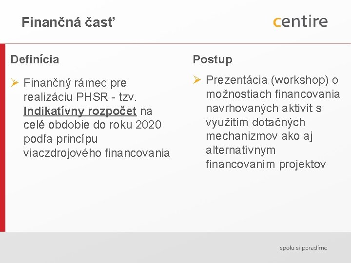 Finančná časť Definícia Postup Ø Finančný rámec pre realizáciu PHSR - tzv. Indikatívny rozpočet