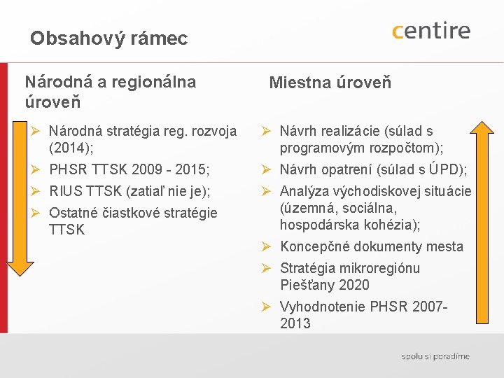 Obsahový rámec Národná a regionálna úroveň Miestna úroveň Ø Národná stratégia reg. rozvoja (2014);